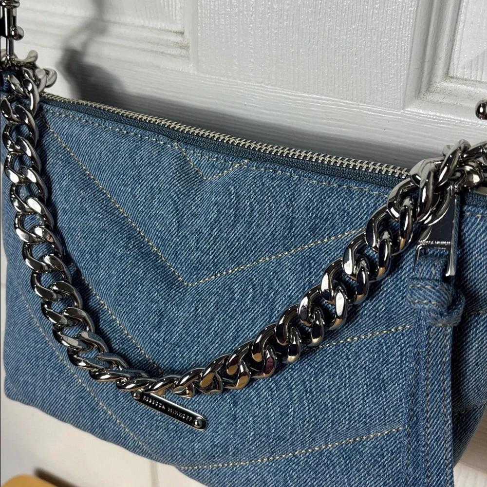 NEW REBECCA MINKOFF Edie Crossbody Quilted Denim heavy chain strap shoulder bag - Picture 5 of 11
